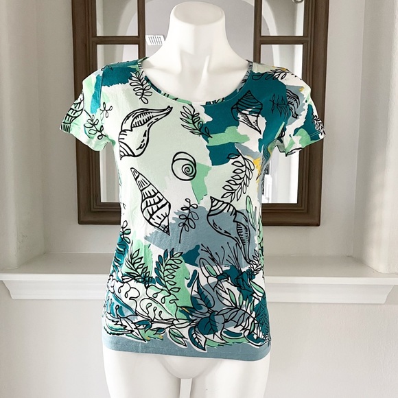 Ann Taylor Tops - Ann Taylor Crew Neck Top Cotton Marine Green Multi Short Sleeve Size S NEW